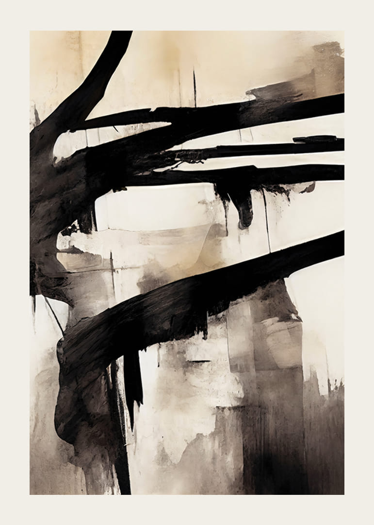 Abstract broad black brush strokes on beige watercolor background-12