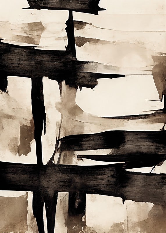 Abstract black brush strokes against beige watercolor background-12