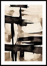 Abstract black brush strokes against beige watercolor background-0