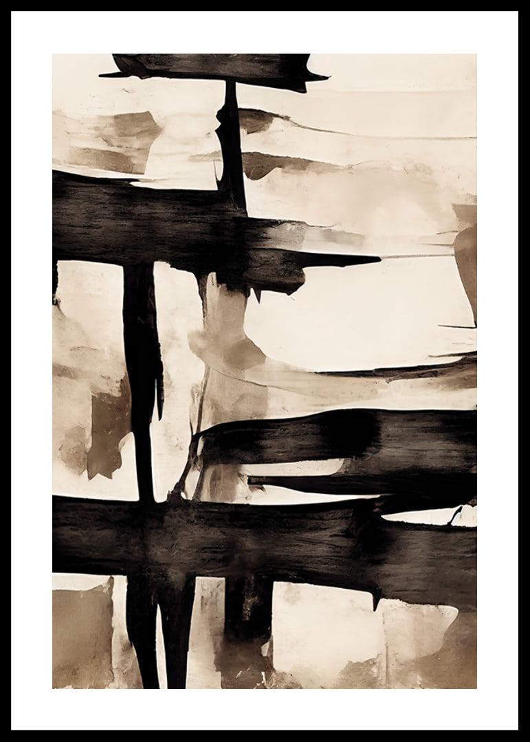 Abstract black brush strokes against beige watercolor background-12