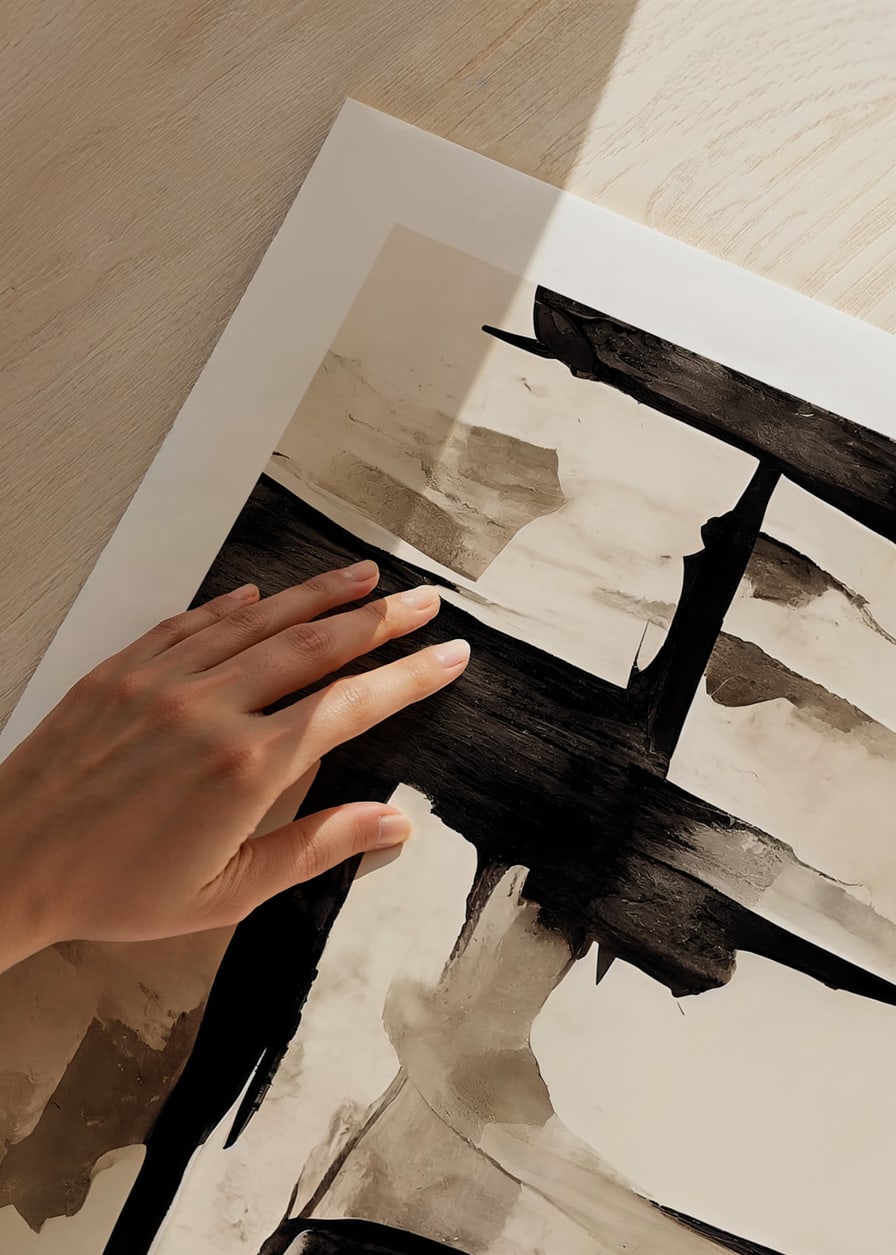 Abstract black brush strokes against beige watercolor background-12