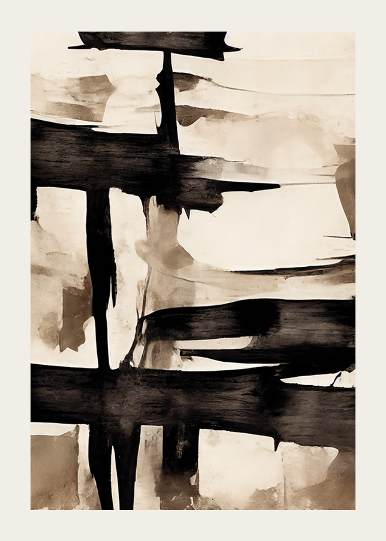 Abstract black brush strokes against beige watercolor background-12