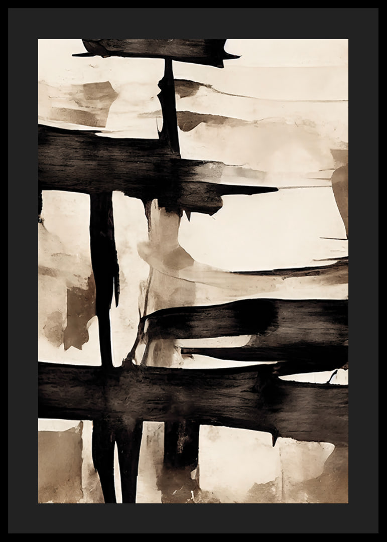 Abstract black brush strokes against beige watercolor background-12