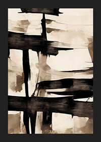 Abstract black brush strokes against beige watercolor background-5