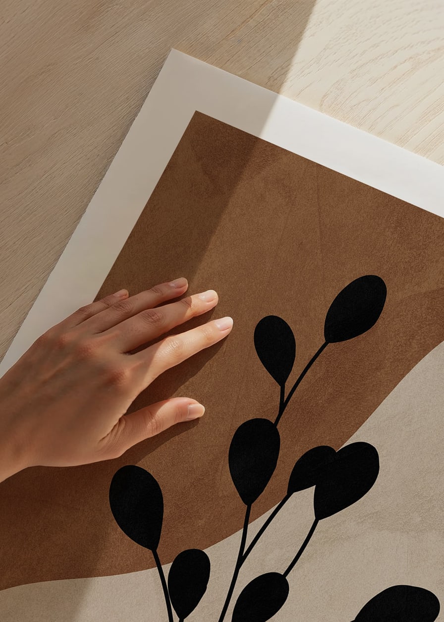 Abstract plant silhouette in black against brown and beige shapes-12