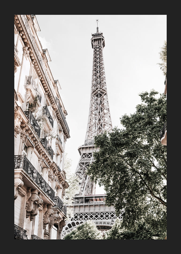 Eiffel-tornin matalakulmainen kuva vihreyden keskellä-12