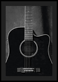 Black and white close-up of acoustic guitar against concrete background-0