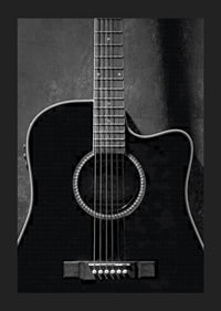 Black and white close-up of acoustic guitar against concrete background-1
