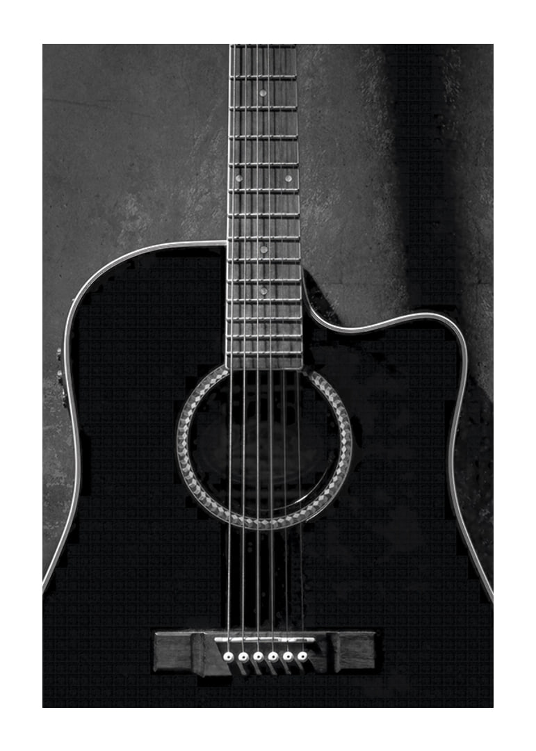 Black and white close-up of acoustic guitar against concrete background-12