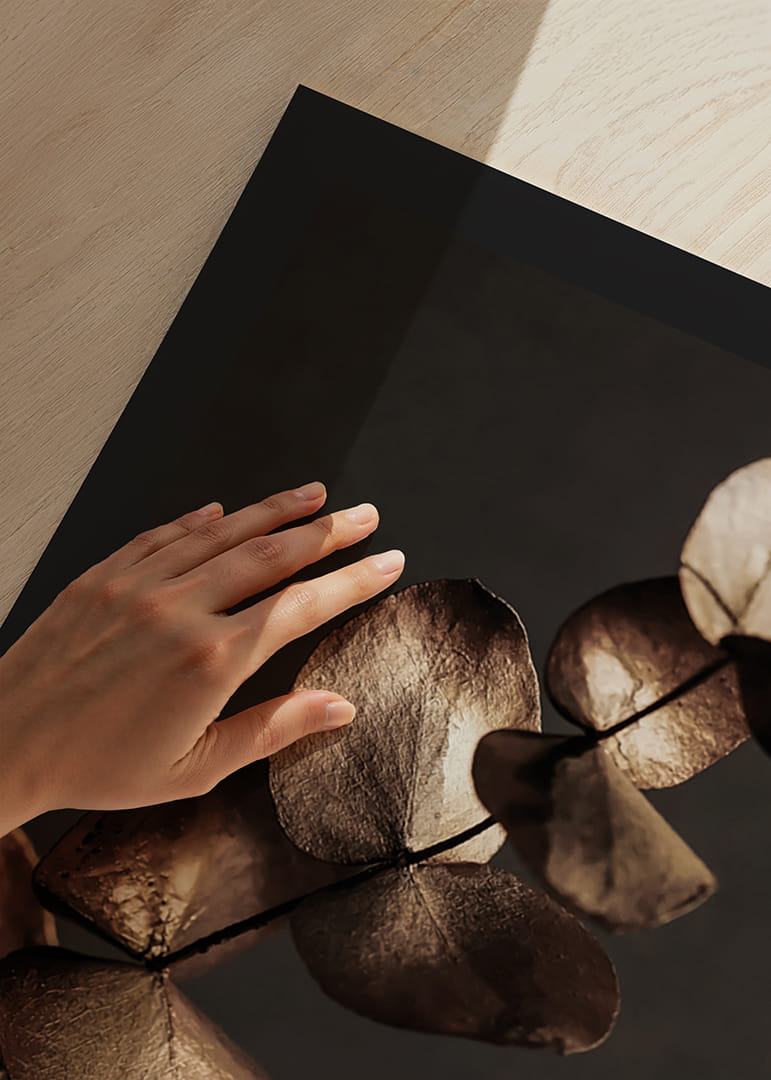 Close-up van gouden eucalyptusbladeren tegen een bruine achtergrond-12