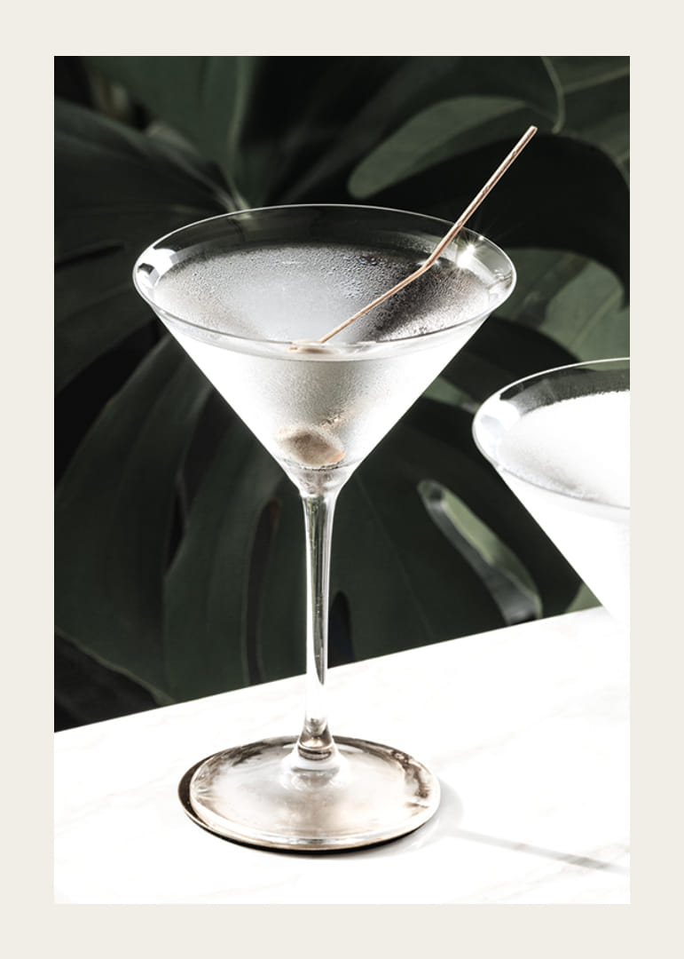 Photographic close-up of martini glass with olive and iced surface-12