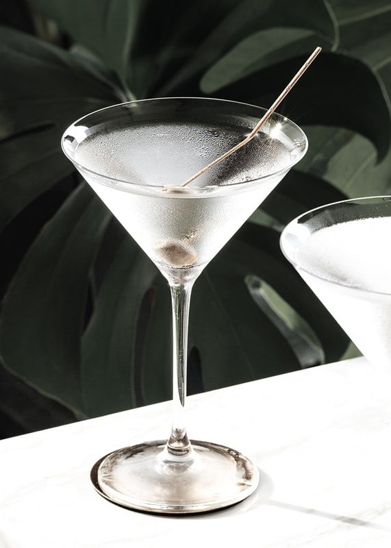 Photographic close-up of martini glass with olive and iced surface-12