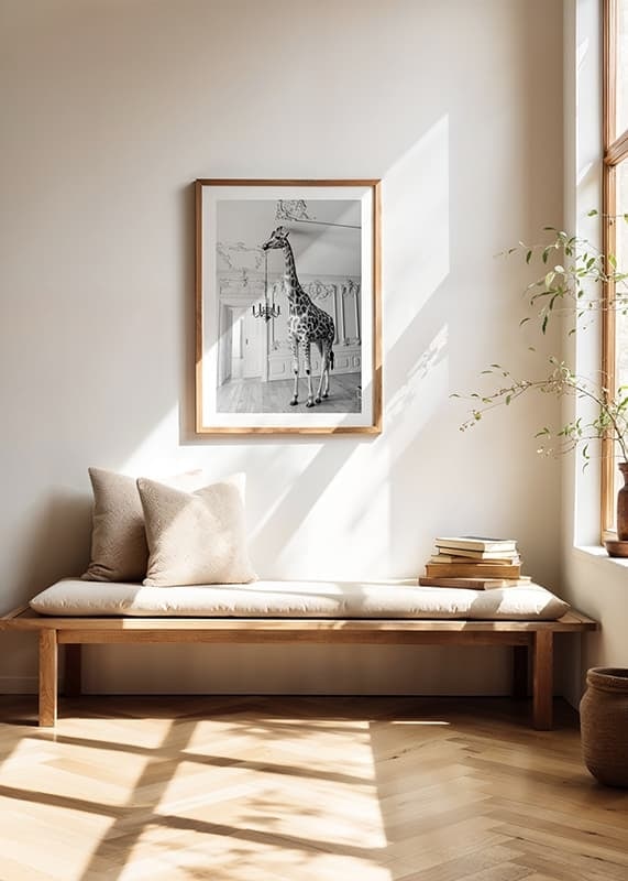 Black and white photograph of a giraffe in an elegant living room-12