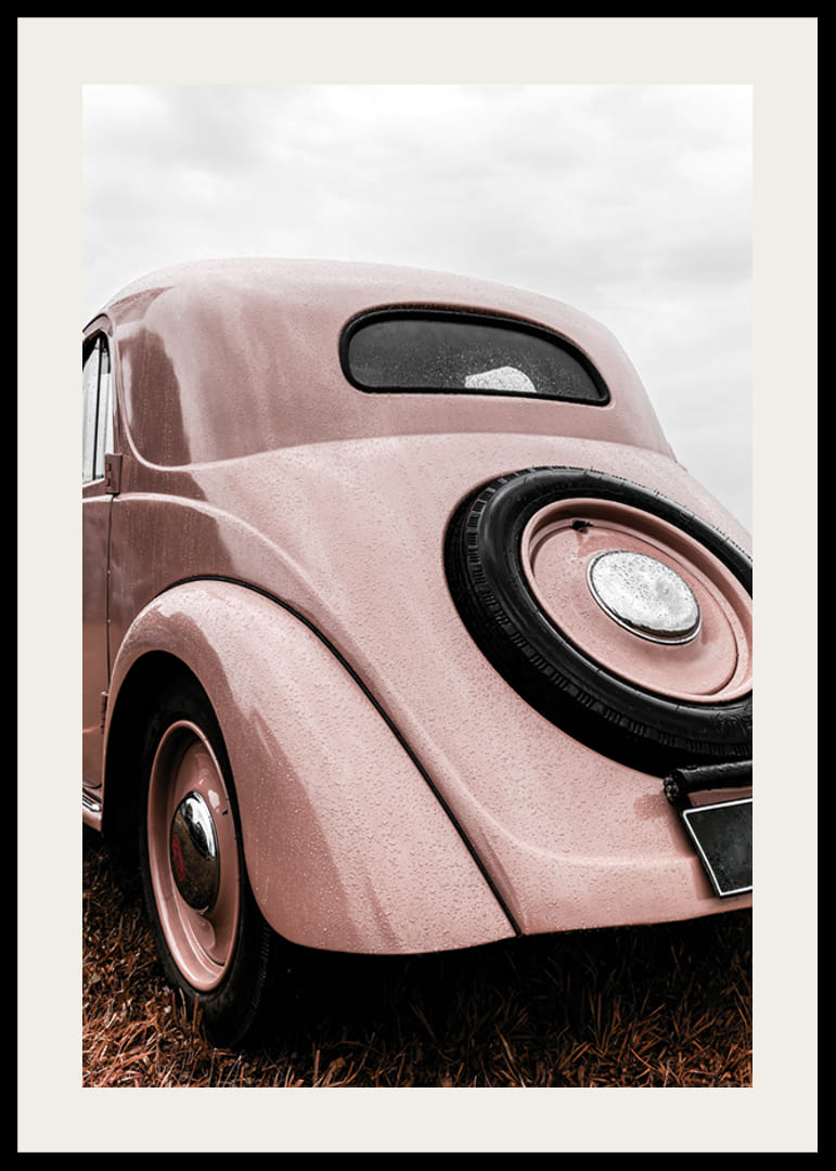 Photograph of classic pink vintage car in grass, rear view-12