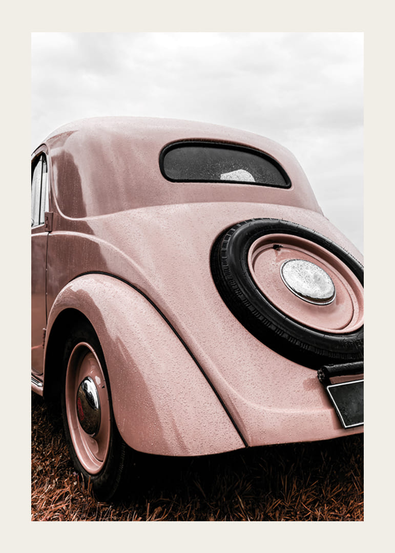 Photograph of classic pink vintage car in grass, rear view-12