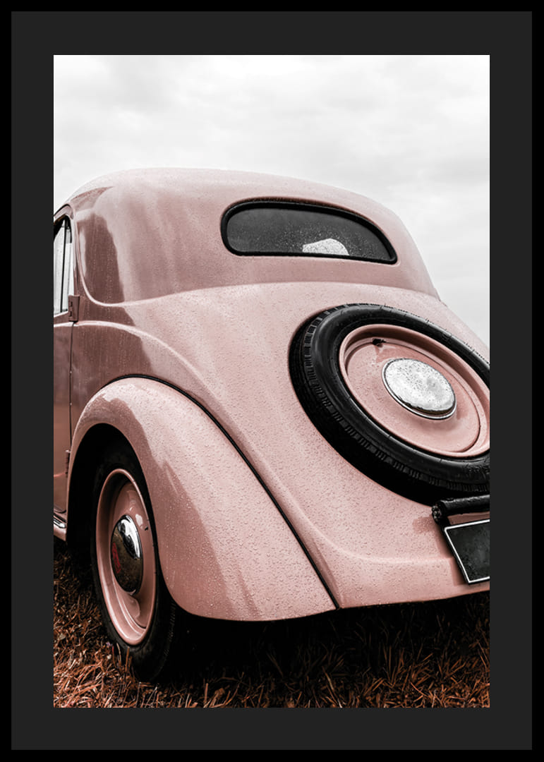 Photograph of classic pink vintage car in grass, rear view-12