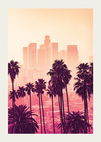 Palmbomen voor de skyline van Los Angeles in roze en oranje tinten-3