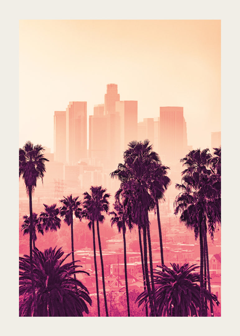 Palmbomen voor de skyline van Los Angeles in roze en oranje tinten-12