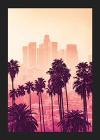 Palmbomen voor de skyline van Los Angeles in roze en oranje tinten-5