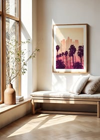 Palmbomen voor de skyline van Los Angeles in roze en oranje tinten-8