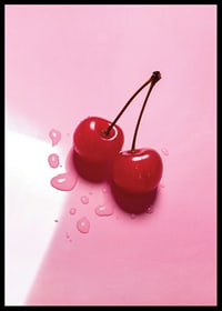 Two red cocktail berries with stems on glossy pink surface-6