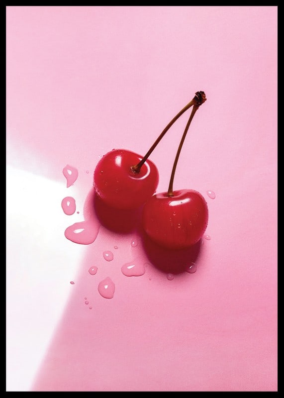 Two red cocktail berries with stems on glossy pink surface-12