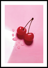 Two red cocktail berries with stems on glossy pink surface-0