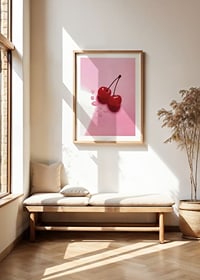 Two red cocktail berries with stems on glossy pink surface-8