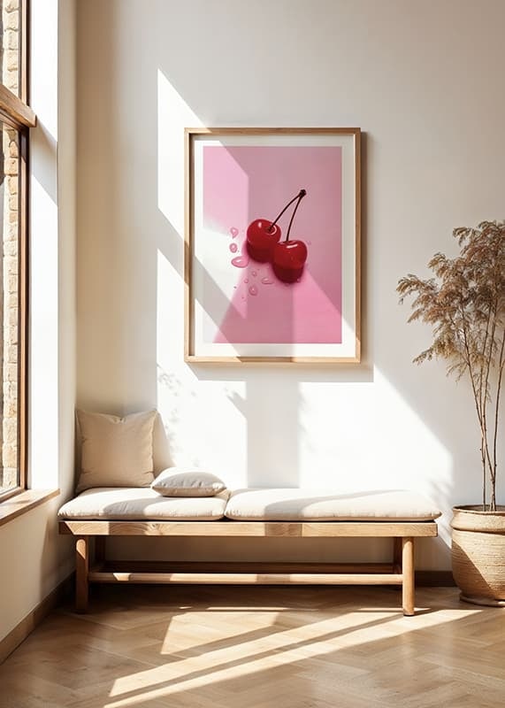 Two red cocktail berries with stems on glossy pink surface-12
