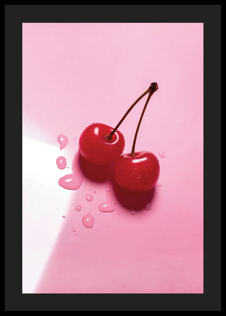 Two red cocktail berries with stems on glossy pink surface-12
