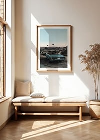 Fotografisches klassisches Cabrio am Aussichtspunkt mit Heißluftballons-8