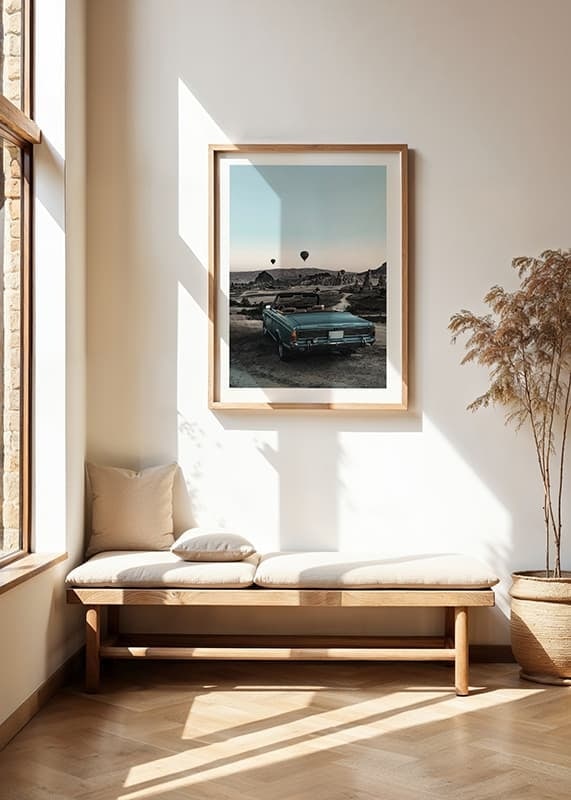 Fotografisches klassisches Cabrio am Aussichtspunkt mit Heißluftballons-12