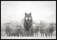Lobo fotorrealista cercado por ovelhas em paisagem nebulosa-6