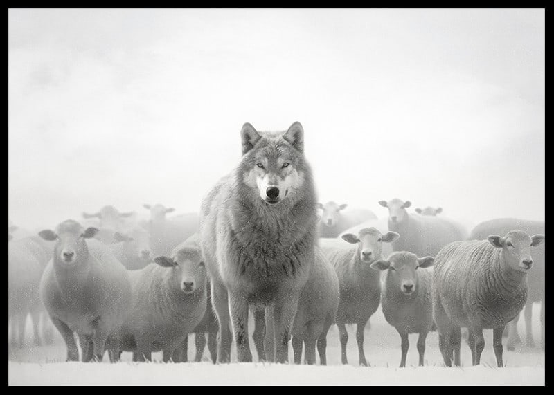 Lobo fotorrealista cercado por ovelhas em paisagem nebulosa-12