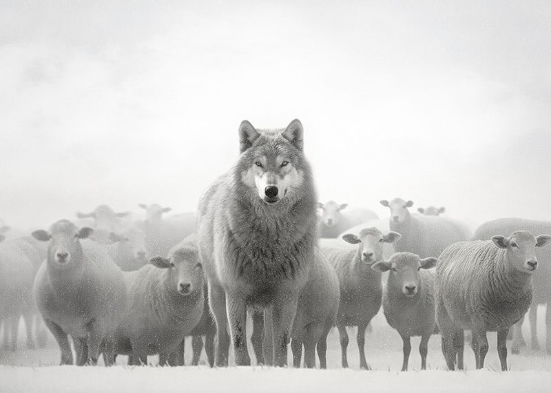 Lobo fotorrealista cercado por ovelhas em paisagem nebulosa-12