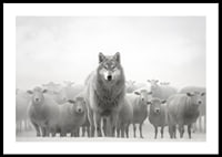 Lobo fotorrealista cercado por ovelhas em paisagem nebulosa-0