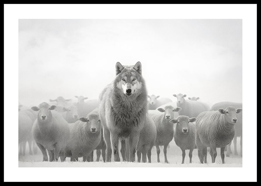 Lobo fotorrealista cercado por ovelhas em paisagem nebulosa-12
