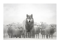 Lobo fotorrealista cercado por ovelhas em paisagem nebulosa-1