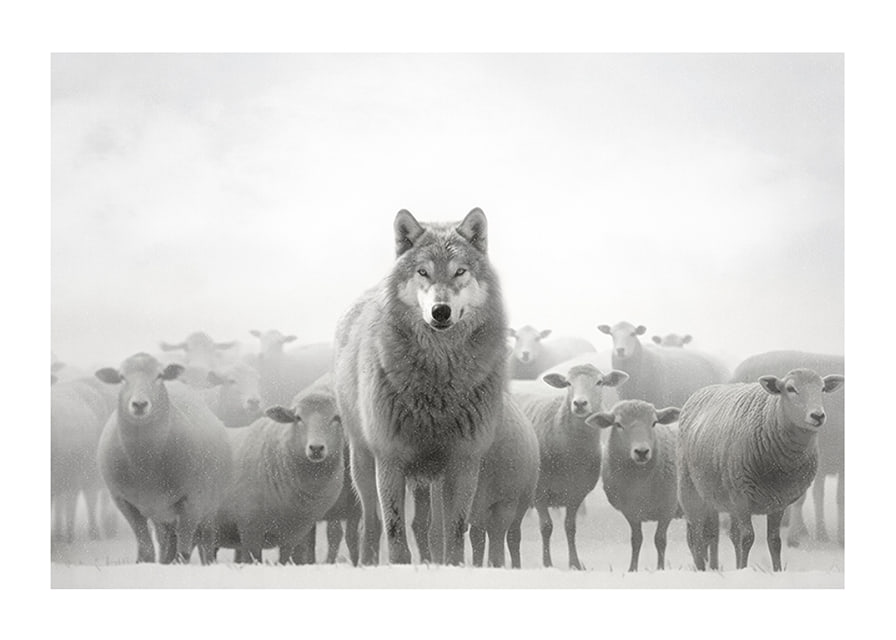 Lobo fotorrealista cercado por ovelhas em paisagem nebulosa-12