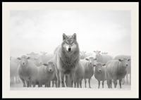 Lobo fotorrealista cercado por ovelhas em paisagem nebulosa-2