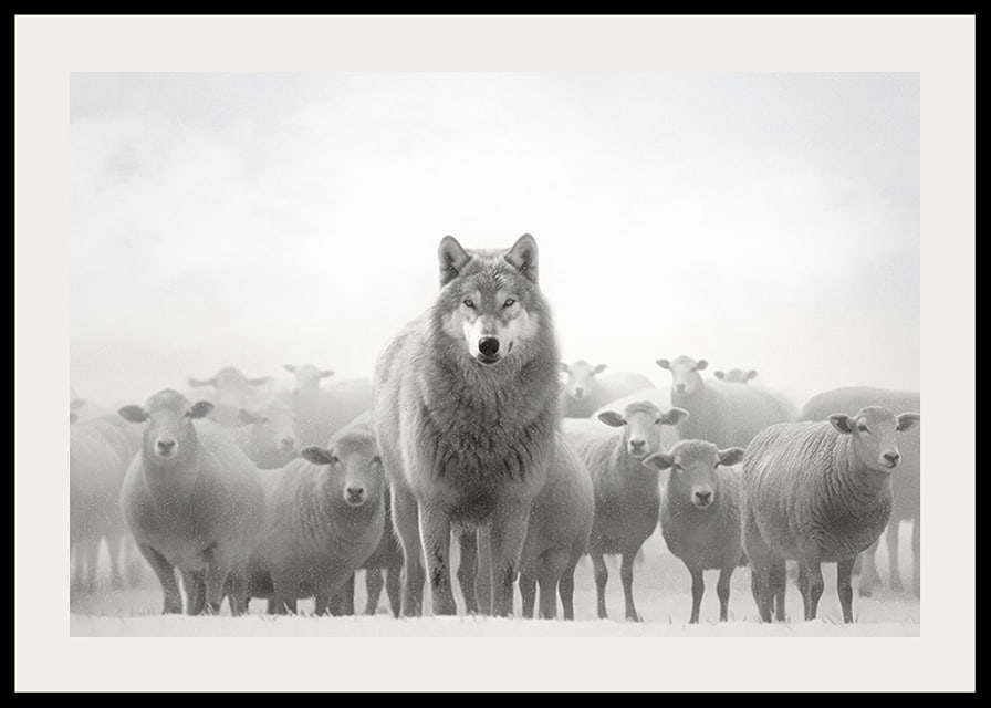 Lobo fotorrealista cercado por ovelhas em paisagem nebulosa-12