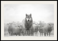 Loup photoréaliste entouré de moutons dans un paysage brumeux-2