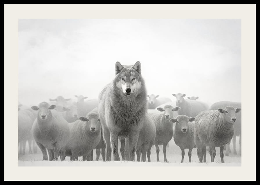 Loup photoréaliste entouré de moutons dans un paysage brumeux-12