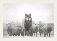Lobo fotorrealista cercado por ovelhas em paisagem nebulosa-3