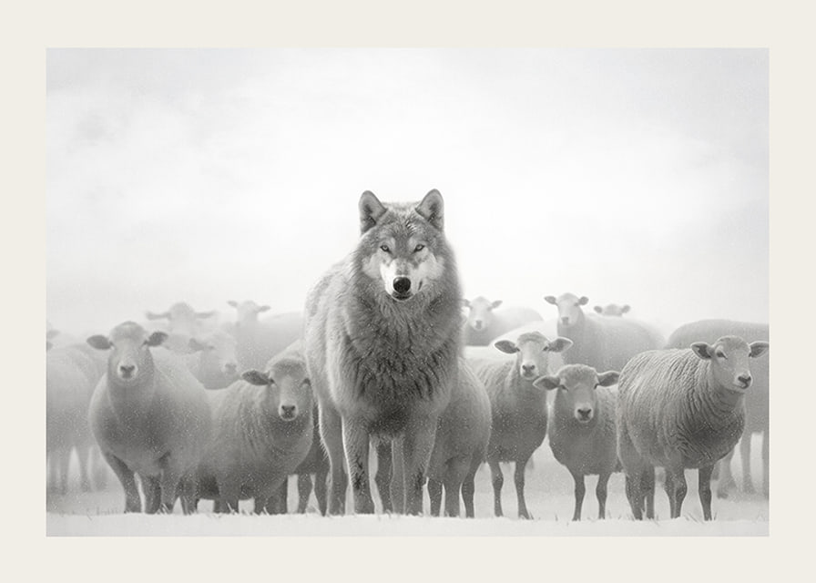 Lobo fotorrealista cercado por ovelhas em paisagem nebulosa-12