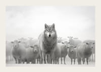 Loup photoréaliste entouré de moutons dans un paysage brumeux-3