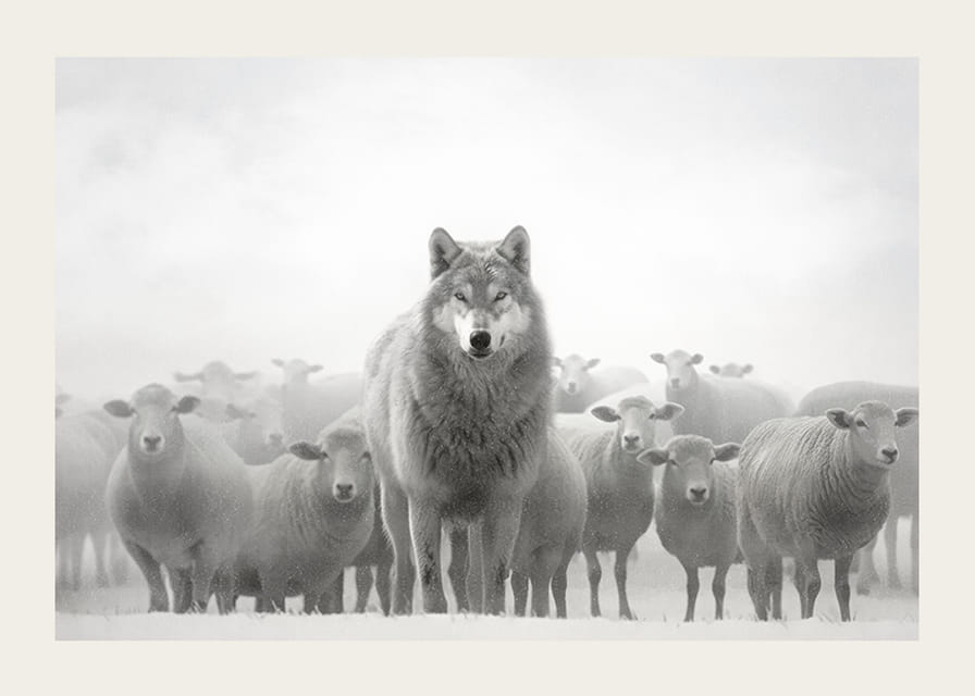 Loup photoréaliste entouré de moutons dans un paysage brumeux-12