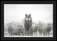Lobo fotorrealista cercado por ovelhas em paisagem nebulosa-4