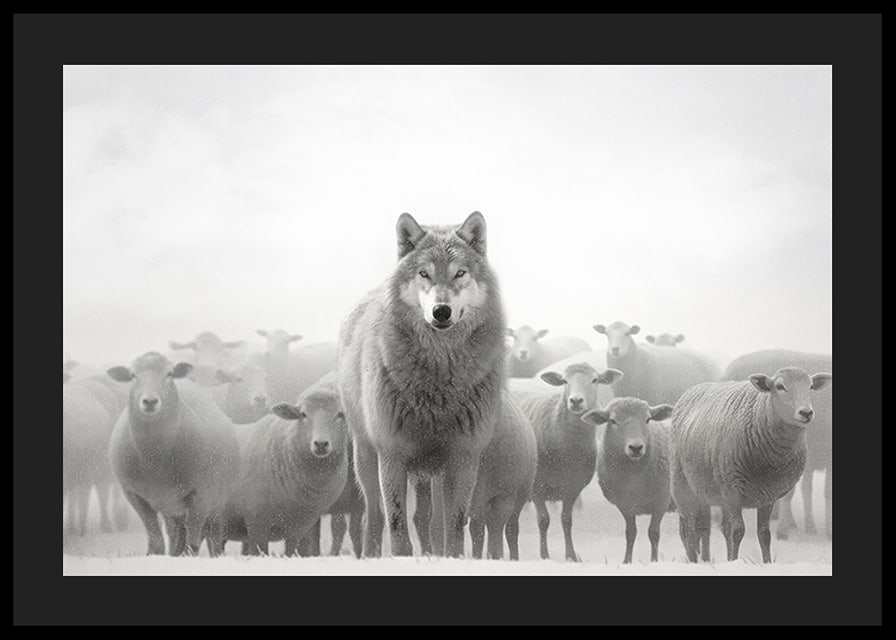 Lobo fotorrealista cercado por ovelhas em paisagem nebulosa-12