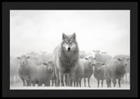 Loup photoréaliste entouré de moutons dans un paysage brumeux-4